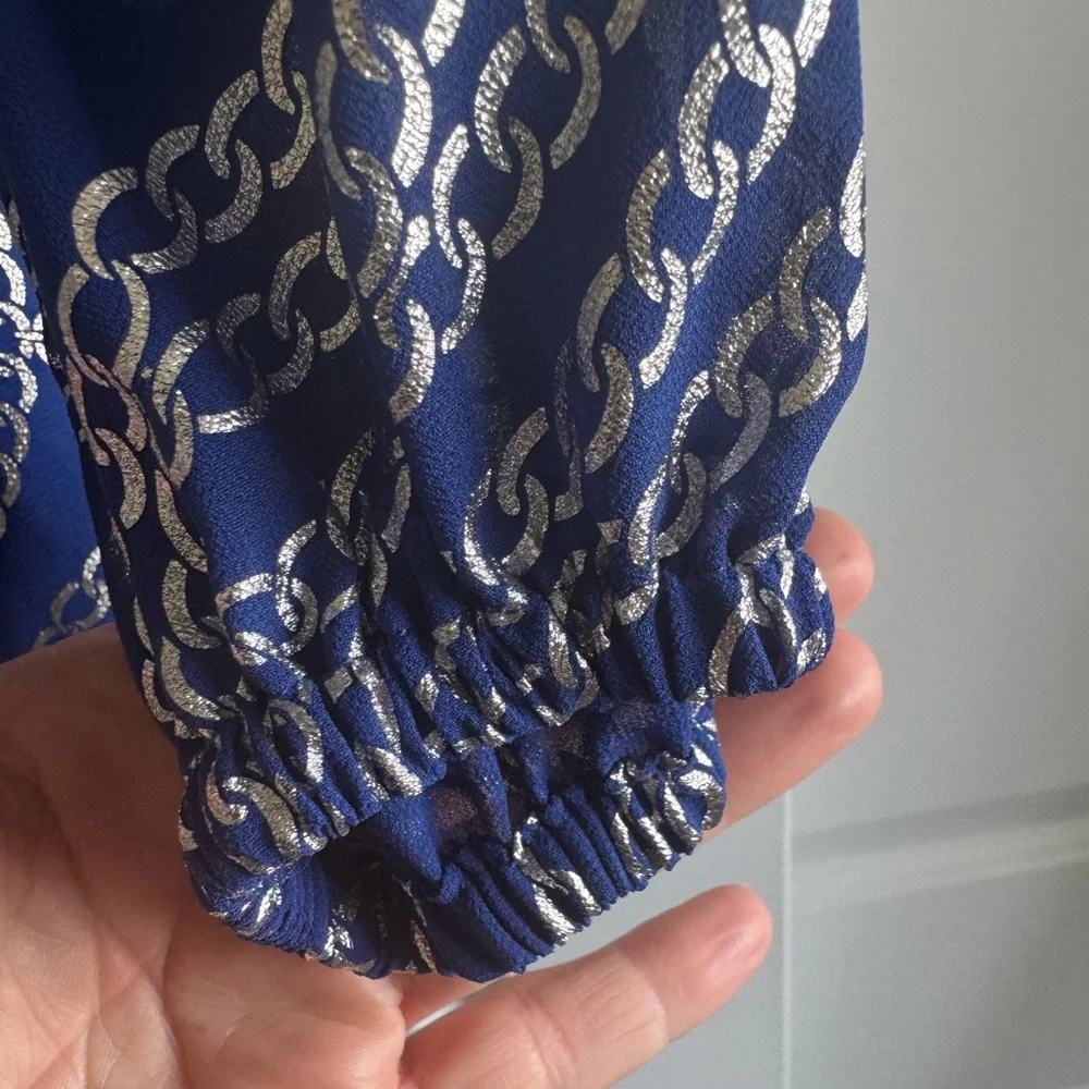 Michael Kors Royal Blue Off-Shoulder Ruffle Blouse with White Wave Print